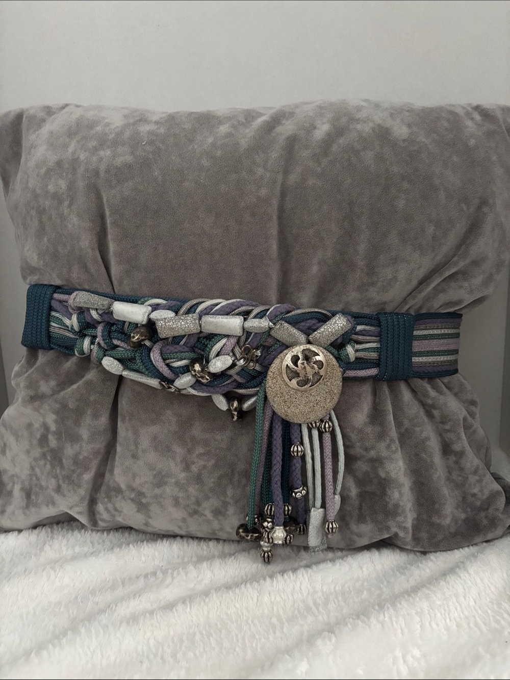 Vintage Rebecca Braided Multicolor Waist Belt with Tassel Medallion